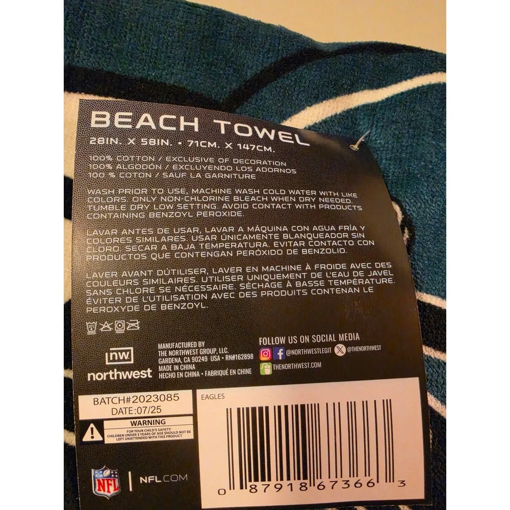 NFL Philadelphia Eagles Beach Towel 28x58 Cotton Northwest Group Midnight Green